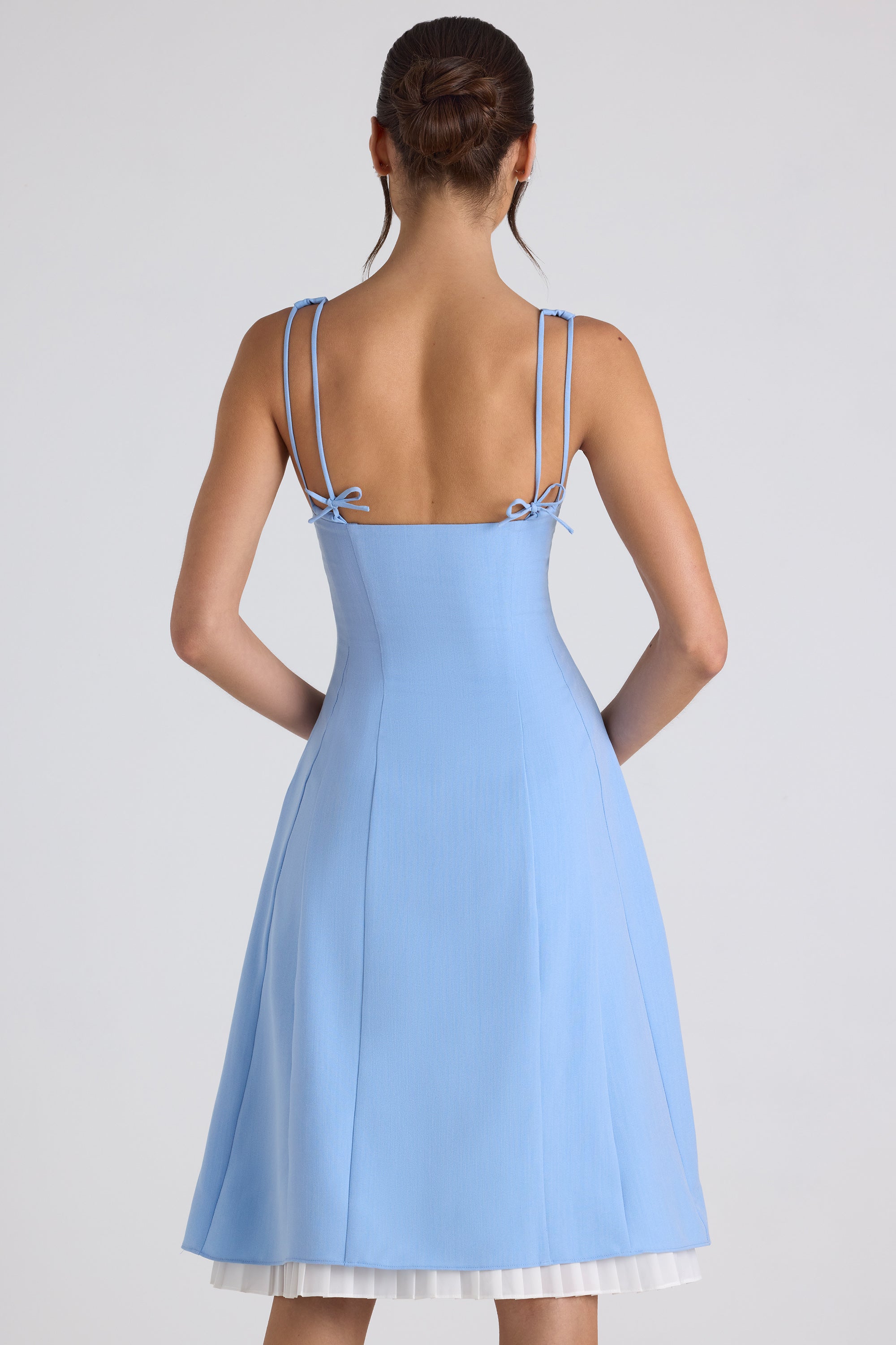 Bow-Detail Pleated A-Line Midi Dress in Sky Blue、mySite、solidvoid