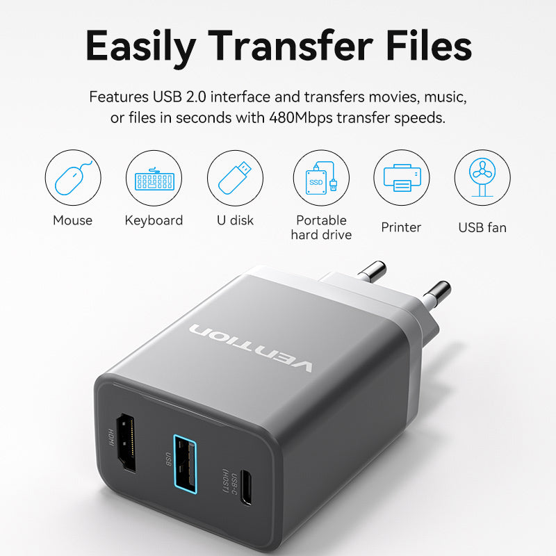 Vention 3-Port USB (C+A)+HDMI GaN Switch Dock (60W/5W/4K@60Hz) EU-Plug、mySite、fannypackpong