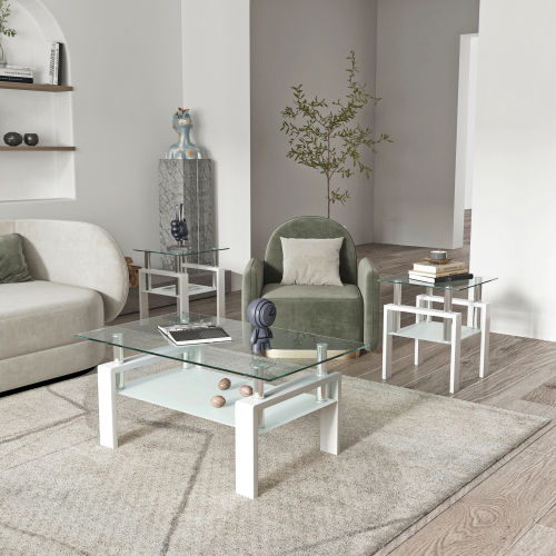 Set of 2, Modern Tempered Glass Tea Table Coffee Table End Table, Square Table for Living Room, Transparent/White、、casual