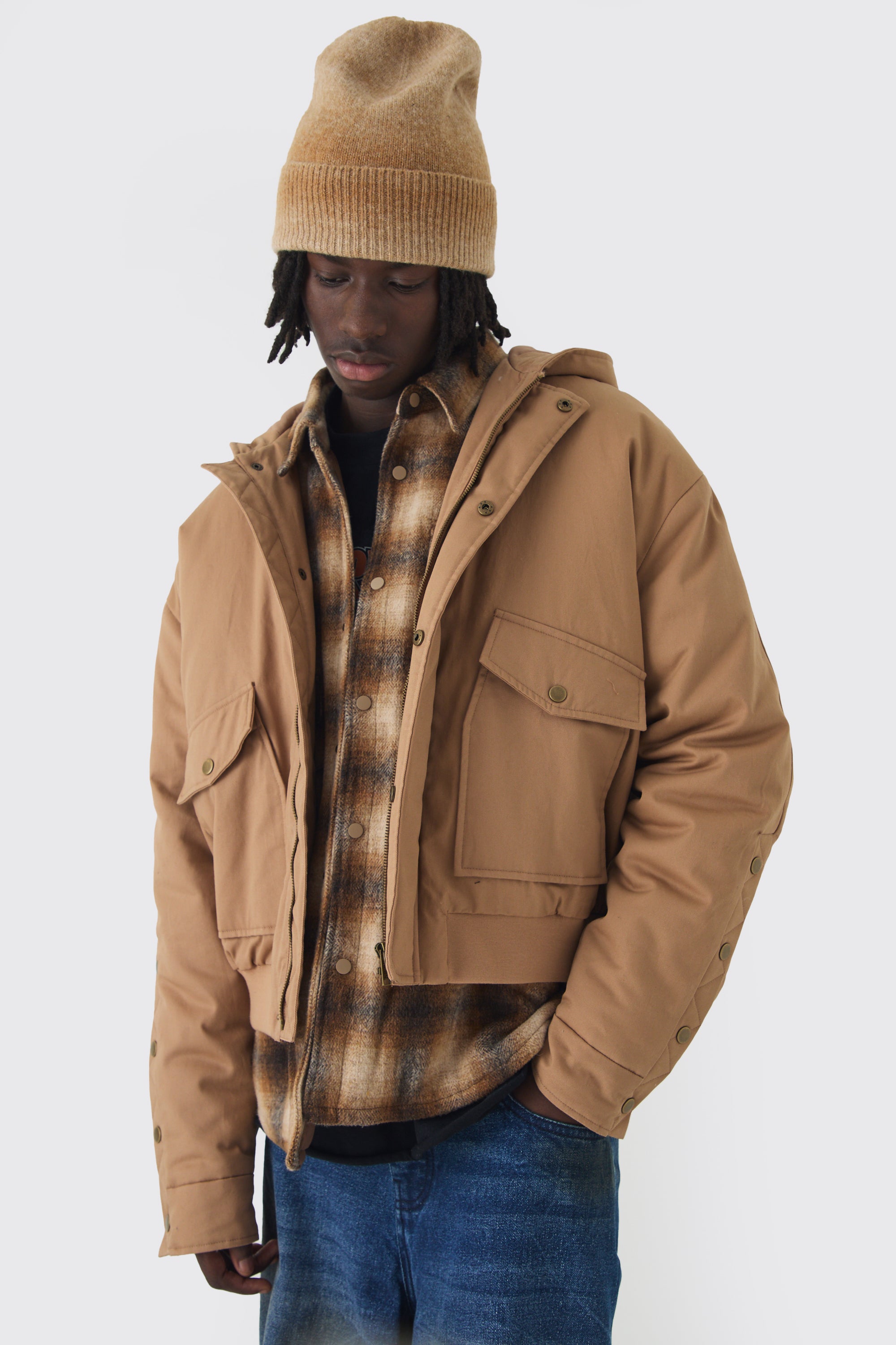  Boohooman Hooded Twill Popper Sleeve Bomber Jacket Brown、mySite、justintrudeaud