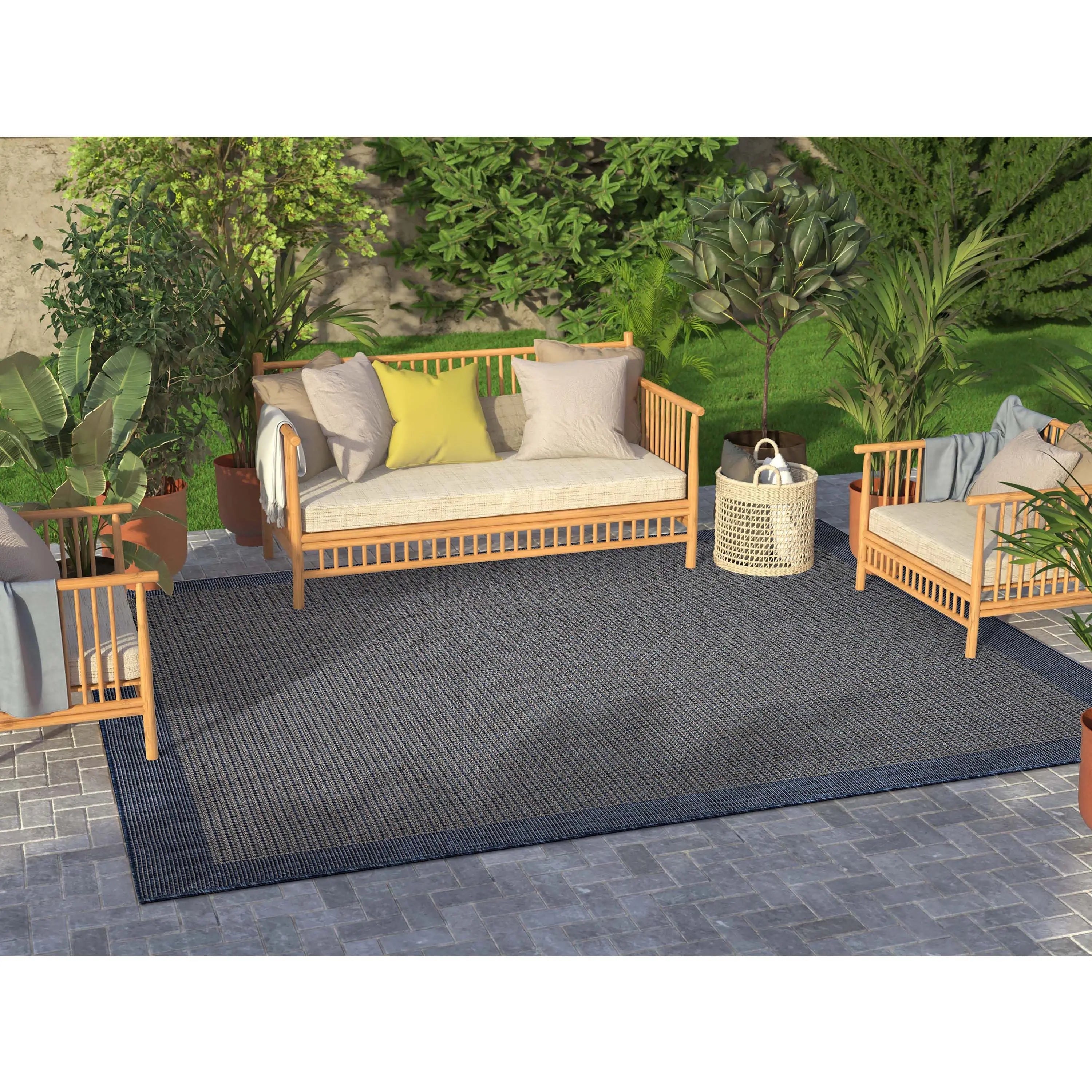 Odin Solid & Striped Border Indoor Outdoor Blue Flatweave Rug、mySite、gigharbornorthrealestate