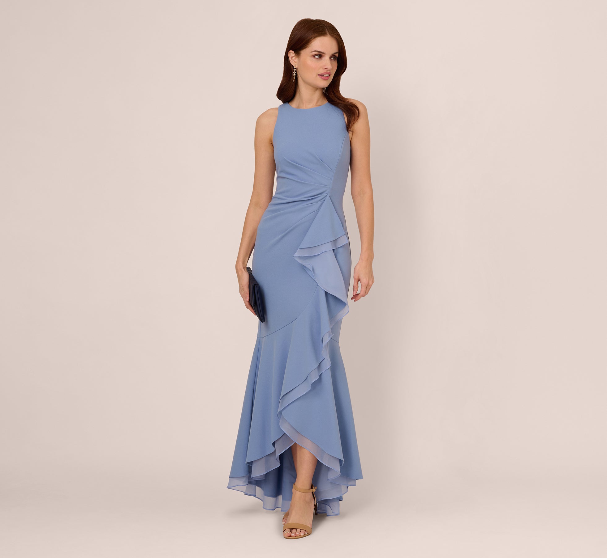 High Low Crepe Halter Gown With Organza Draping In French Blue、mySite、solidvoid