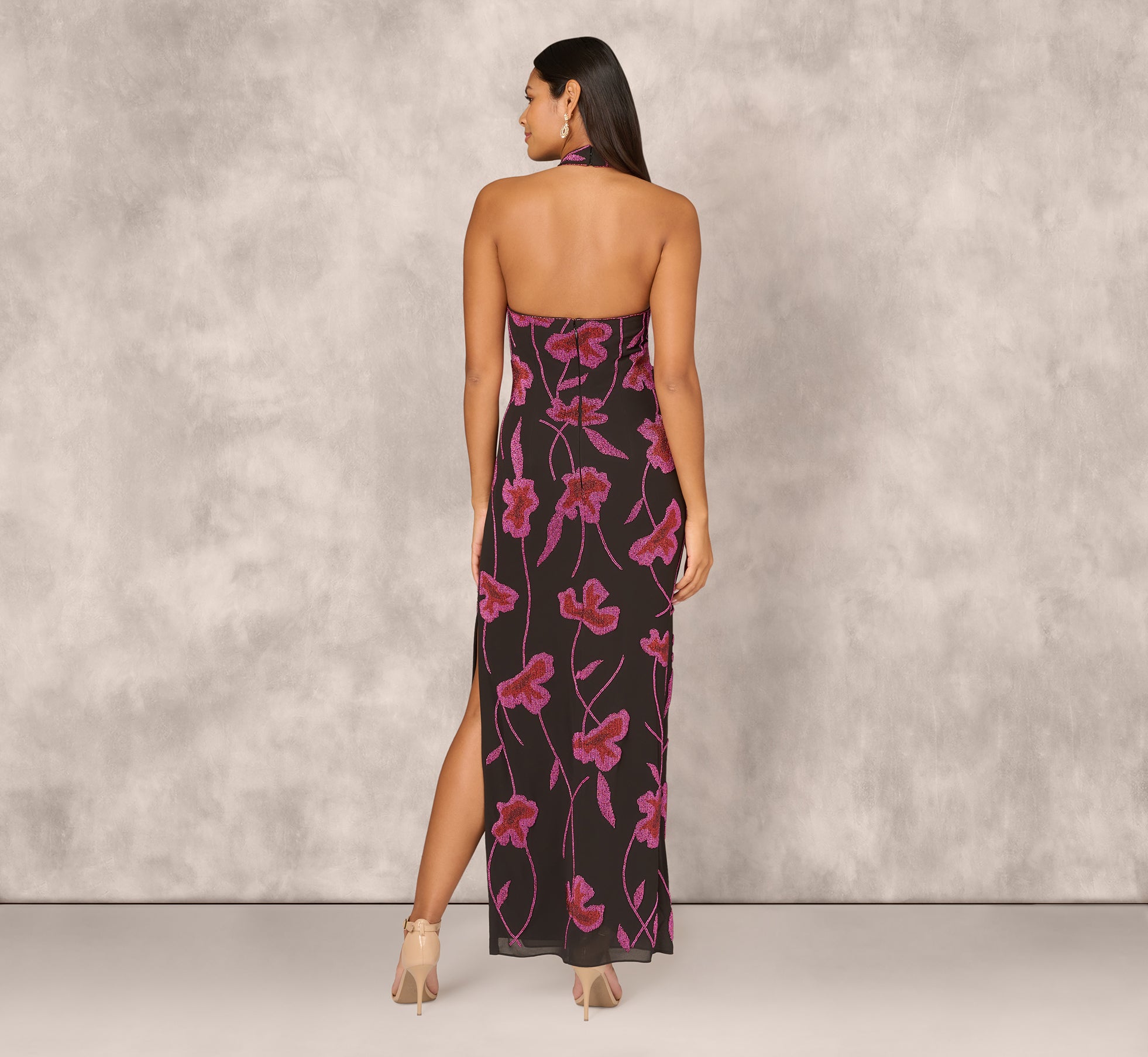 Beaded Floral Halter Column Gown With Mock Neck In Black Multi、mySite、solidvoid