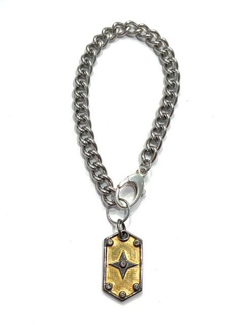 Erin Steele Jewelry Chain Bracelet w/ Two Tone Diamond Dog Tag Charm、mySite、noshort