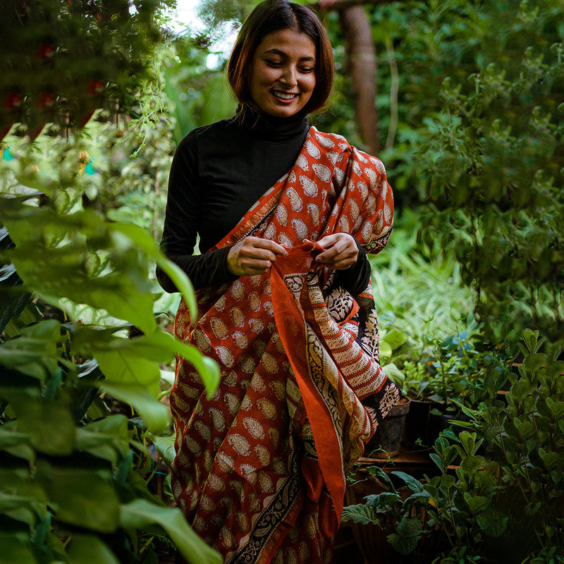 Handblock Saree | Chanderi Saree | Orange、mySite、camillekostekn