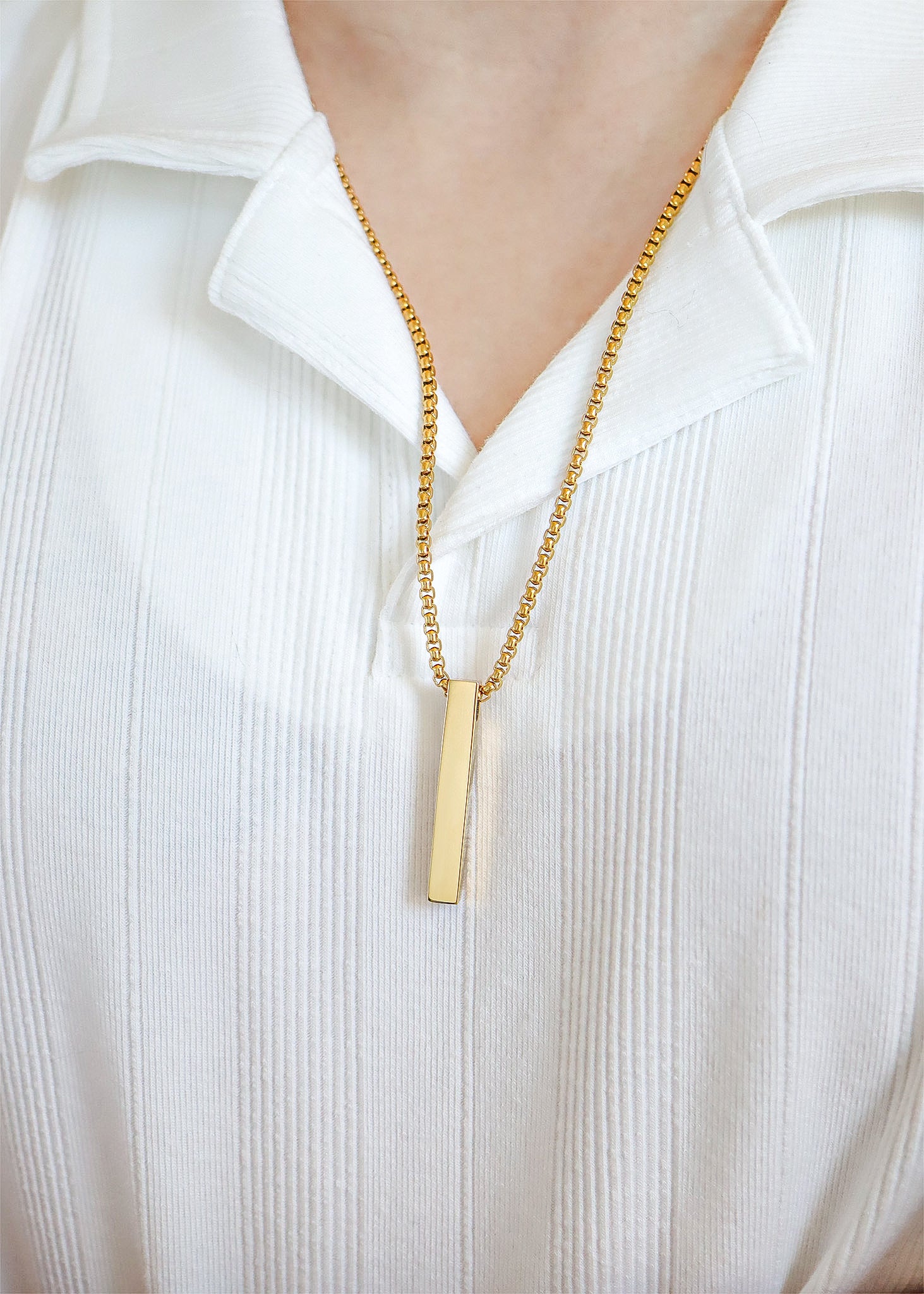 18K Gold PVD Stainless Steel Box Chain 4 Sided Vertical Blank Bar Necklace / SBB0294、mySite、dreamappss