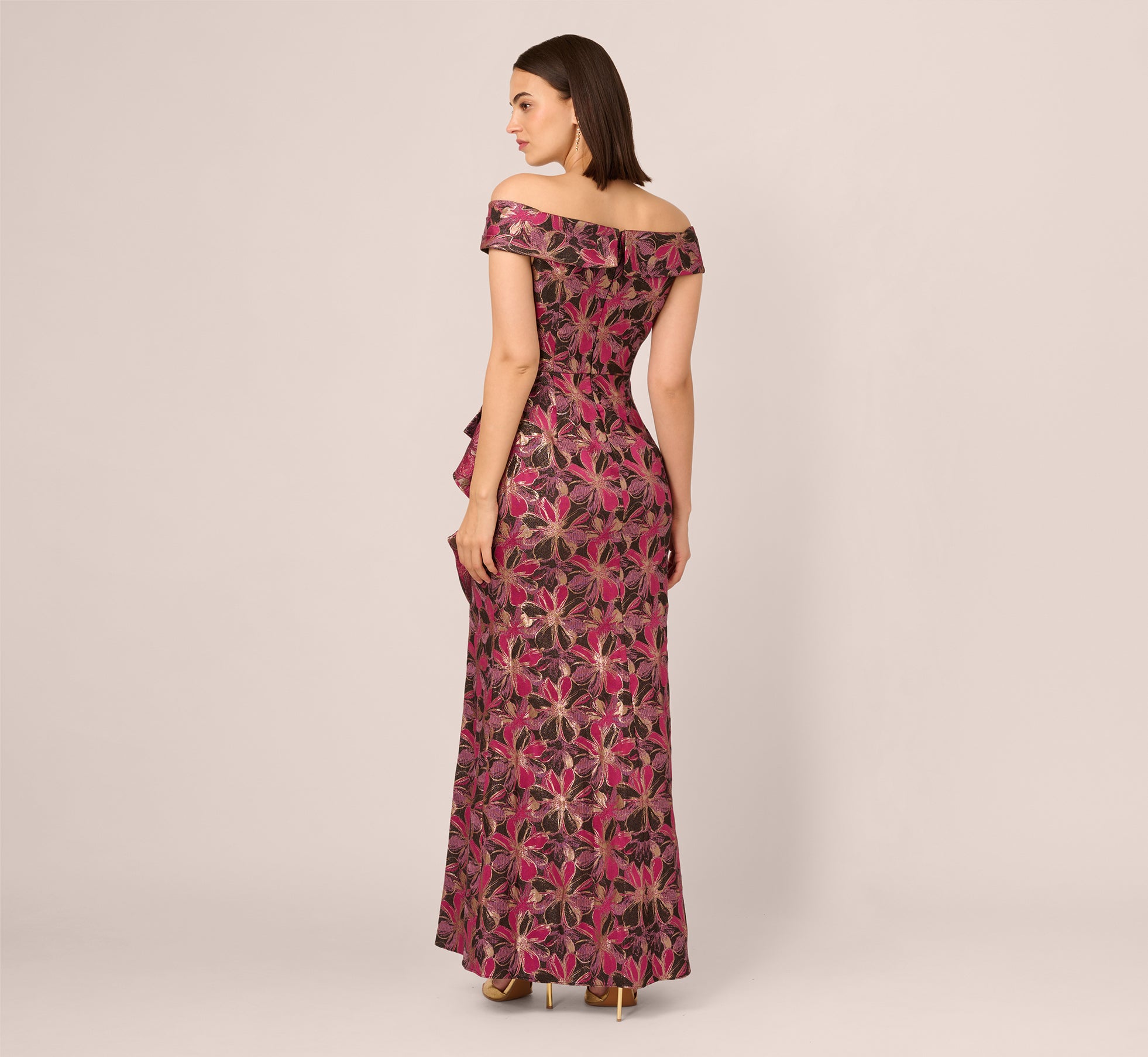 Off Shoulder Jacquard Gown In Fuchsia Multi、mySite、solidvoid