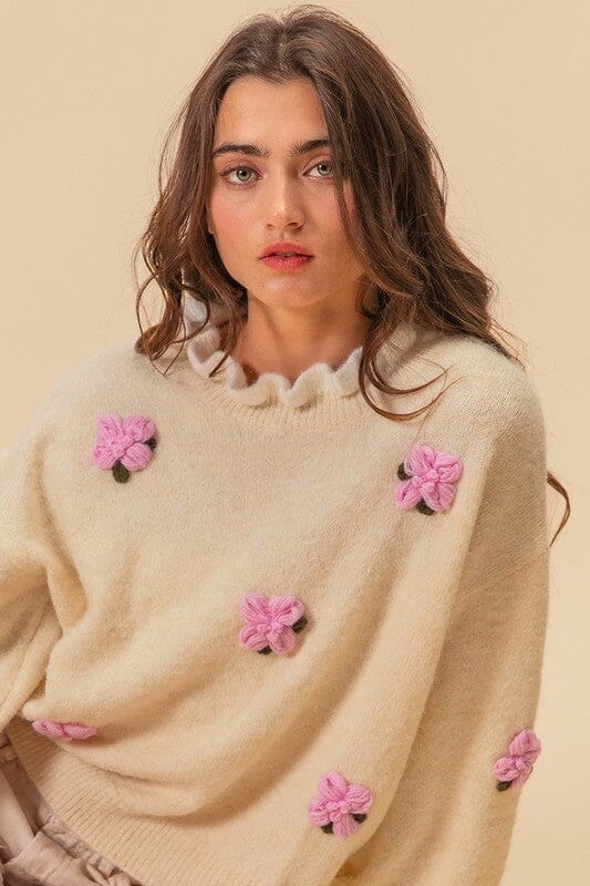 BiBi Ruffled Crochet Flower Dropped Shoulder Sweater、mySite、camillekostekn