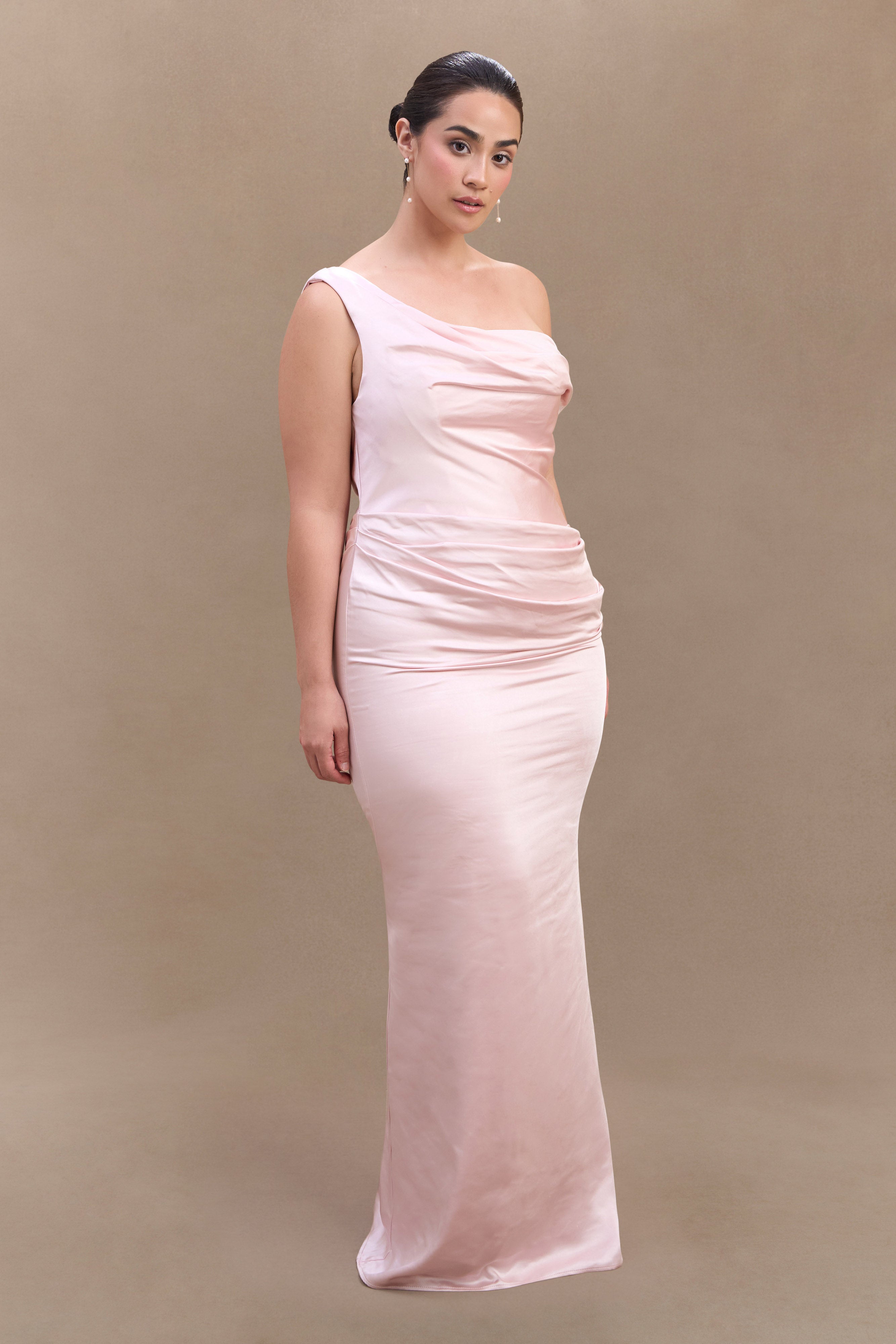 Dalia Off Shoulder Satin Maxi Dress - Soft Pink、mySite、solidvoid