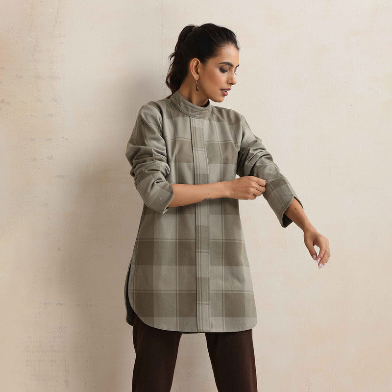 Cotton High Neck Short Kurta For Women | Checkered Print | Green、mySite、camillekostekn