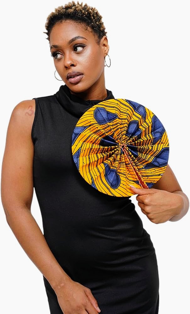 Dupsie's Khanita Foldable Orange and Blue Bulb/Peacock Patterned African Print Ankara Fan DPPF3816、mySite、solidvoid