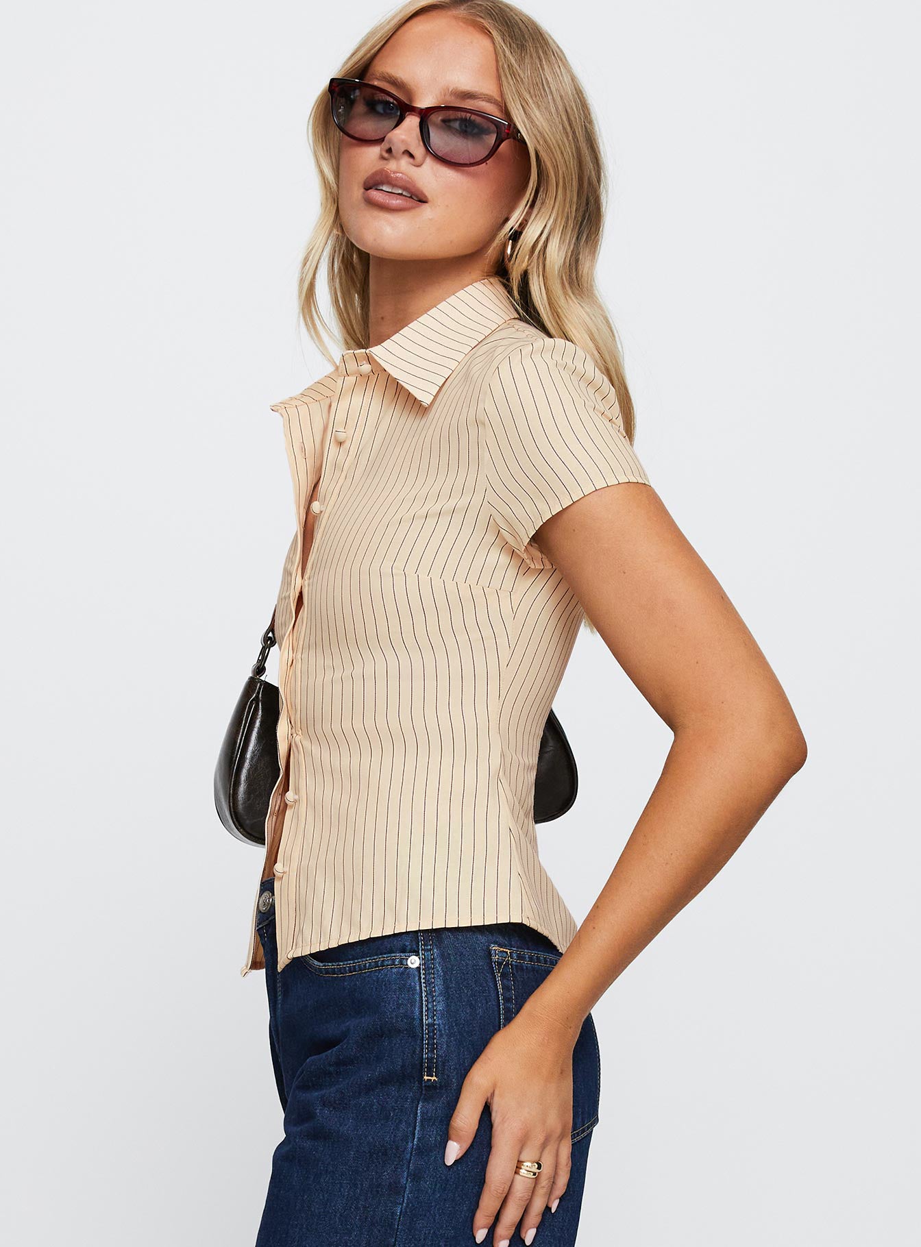 Lift Off Button Up Top Cream / Navy Stripe、mySite、solidvoid