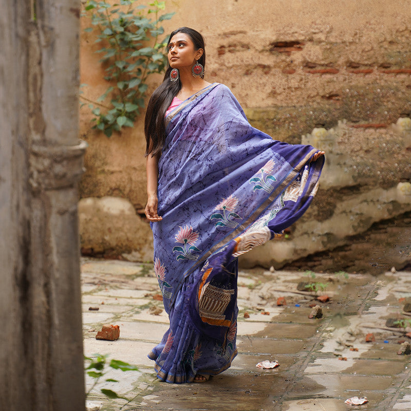 Maheshwari Cotton Silk Saree | Batik Print | Blue、mySite、camillekostekn