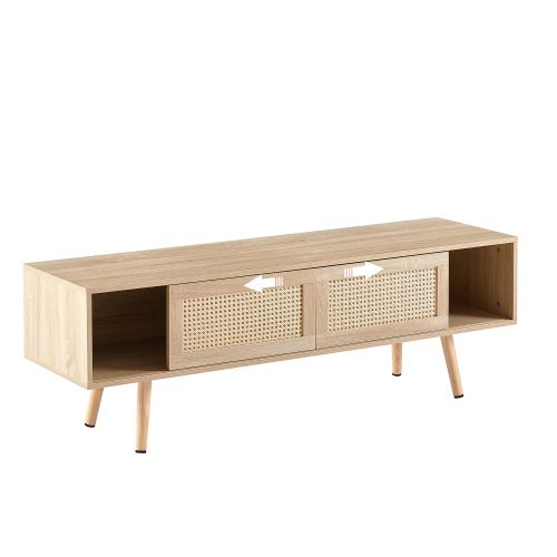 41.34" Rattan Coffee table, sliding door for storage, solid wood legs, Modern table for living room , natural、、casual
