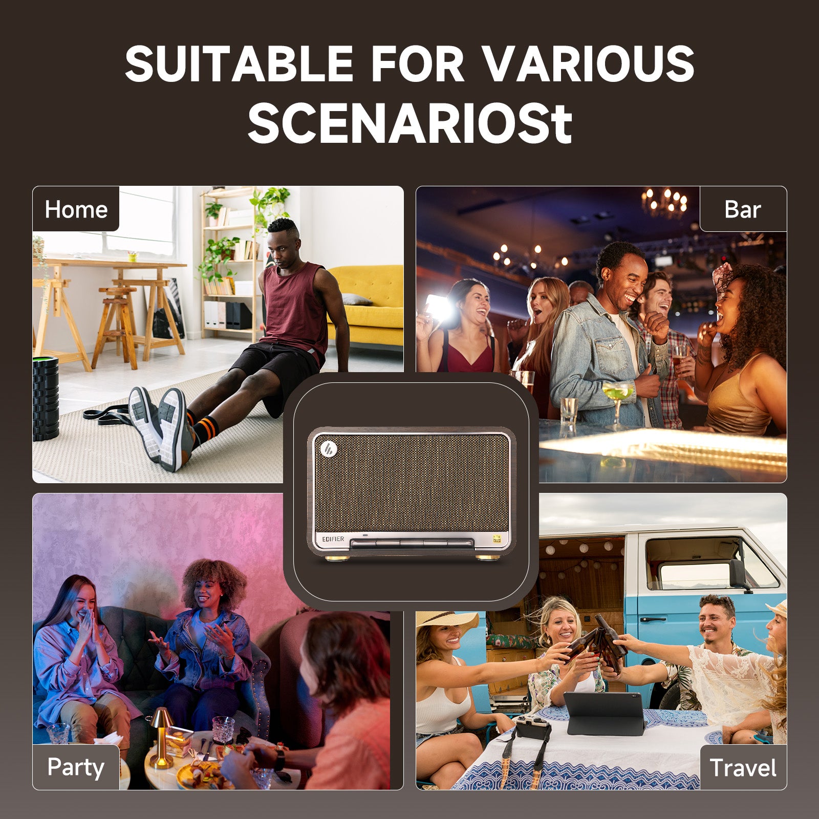 Edifier Tabletop Bluetooth Speakers Portable Wireless Speaker Wi-Fi Bluetooth Compatible AirPlay2 (Black Walnut)、mySite、camillekostekn