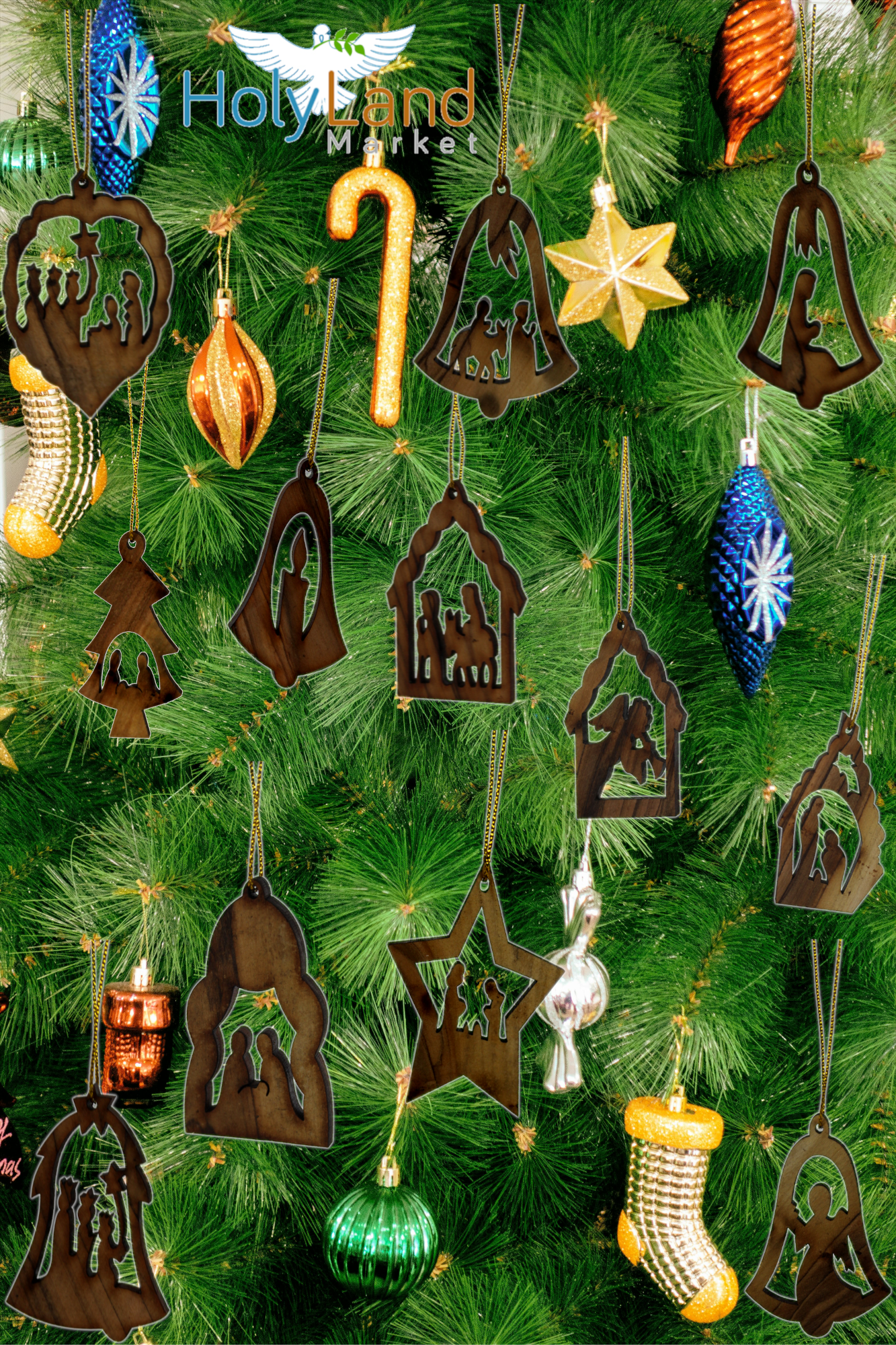 Holy Land Market Olive Wood Ornaments - Set of 12 Flat Christmas Decorations with Nativity Story Booklet, Inspirational Hand Carved Christmas Decor, Christian Christmas Ornaments from Bethlehem、mySite、topwebapps