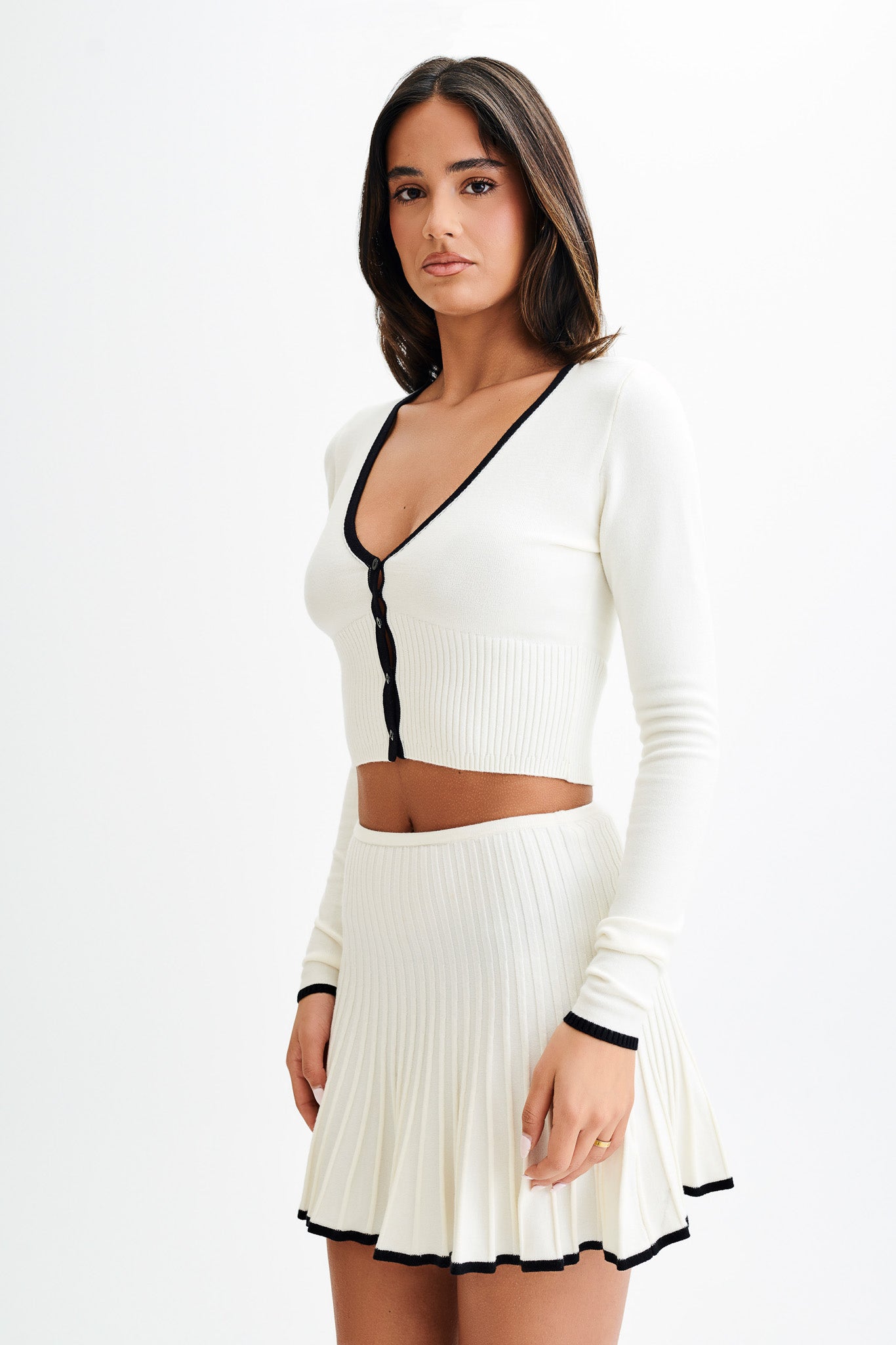 Jolene Contrast Button Up Knit Cardigan - White、mySite、solidvoid