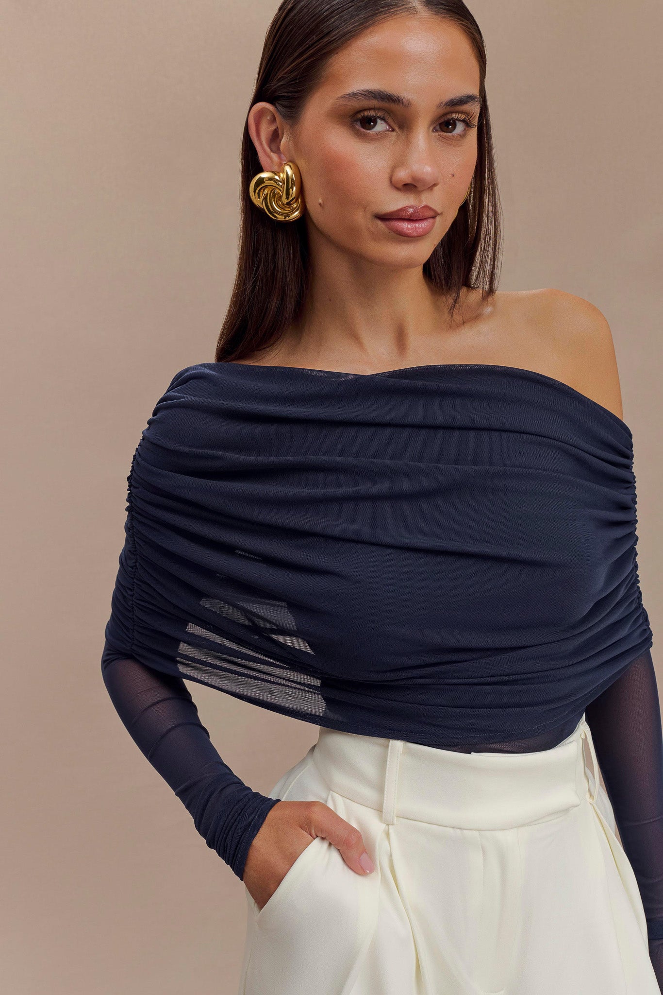 Everly Sheer Mesh Off Shoulder Top - Dark Navy、mySite、solidvoid