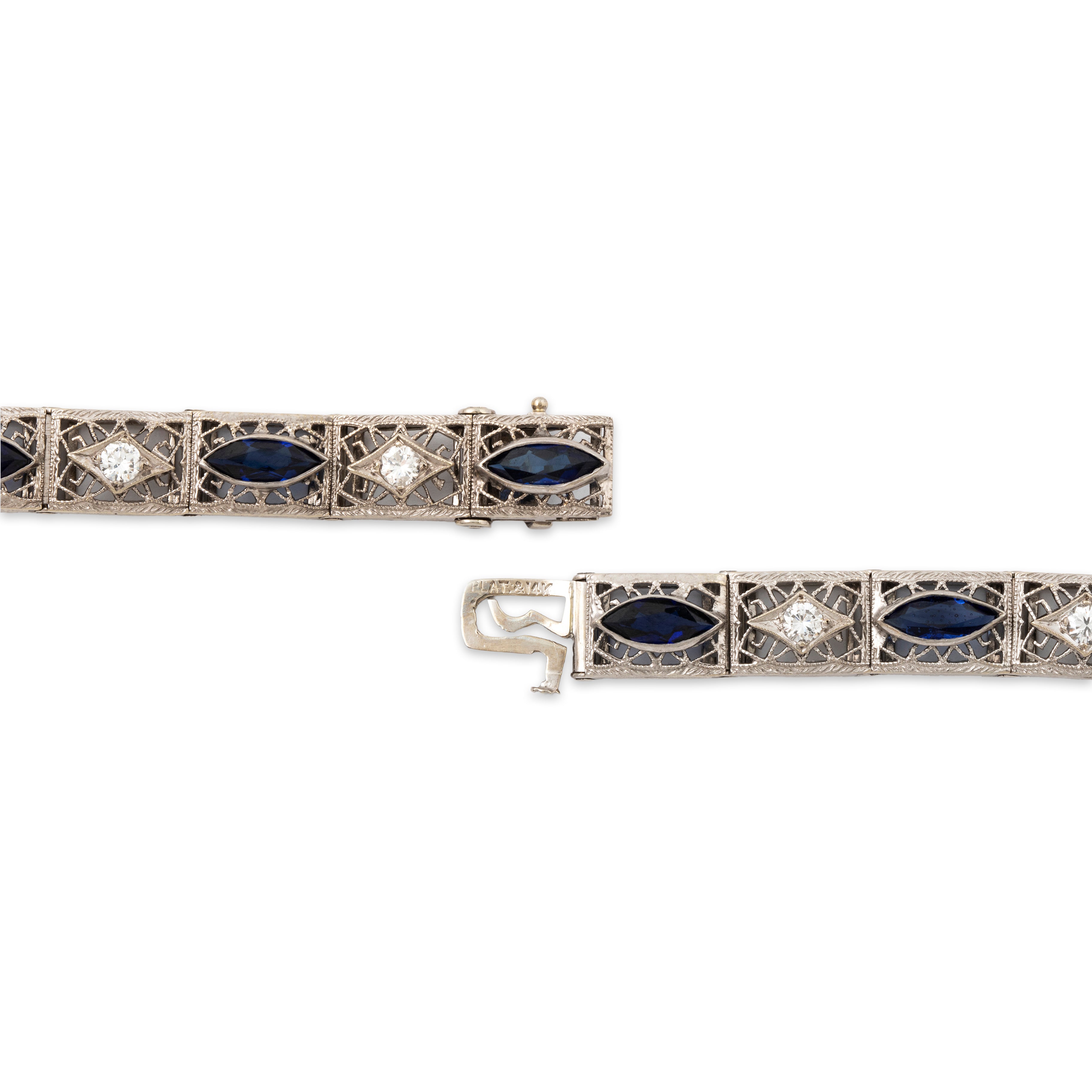 Vintage Platinum & 14k White Gold .774cttw Diamond Synthetic Blue Sapphire Filigree Bracelet、mySite、hinf8tx79