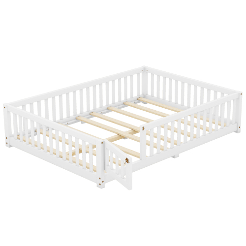 Twin Size Bed Floor Bed with Safety Guardrails and Door for Kids, Natural(Old SKU: W158090686)、、casual