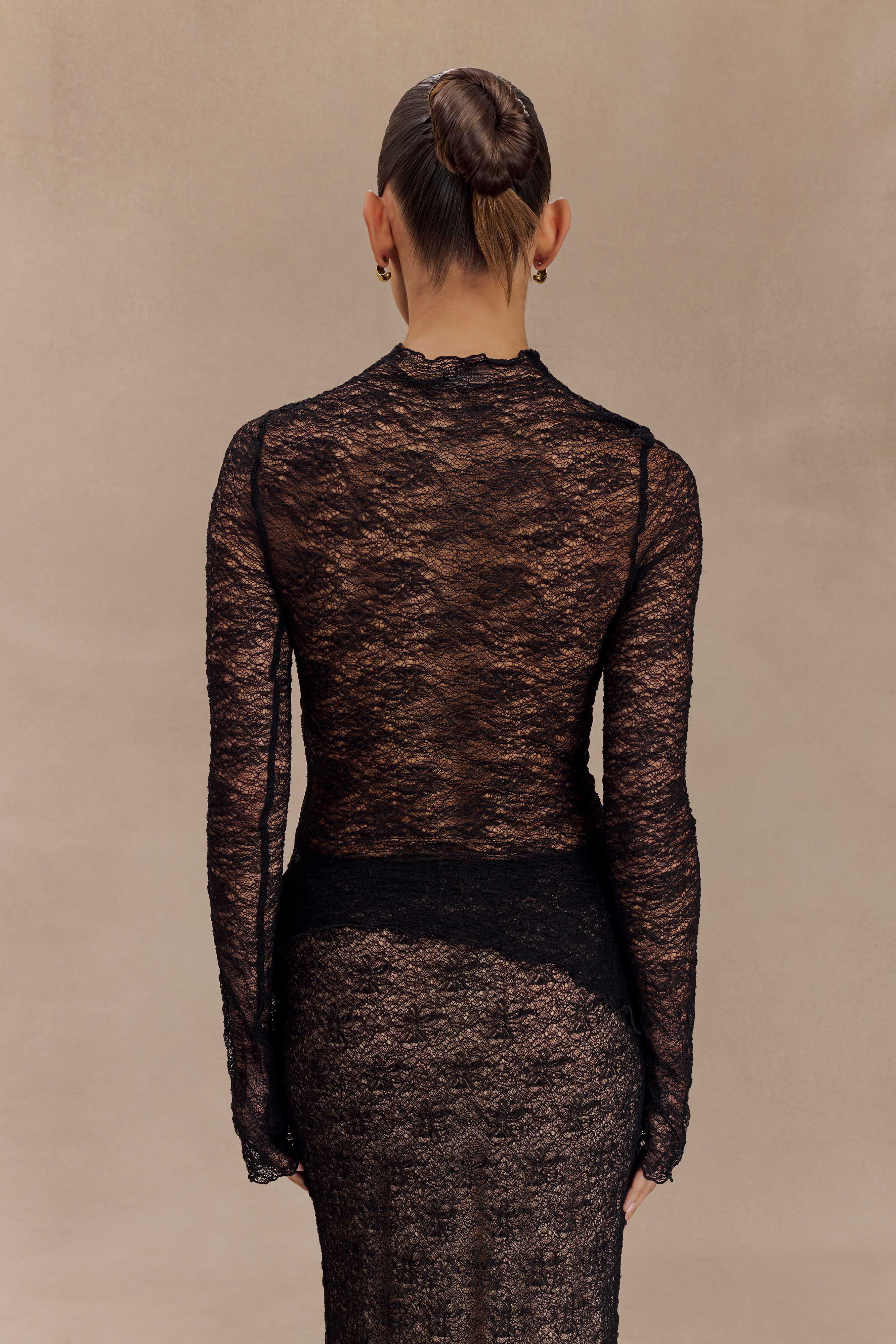 Riley Sheer Lace Long Sleeve Top - Black、mySite、solidvoid