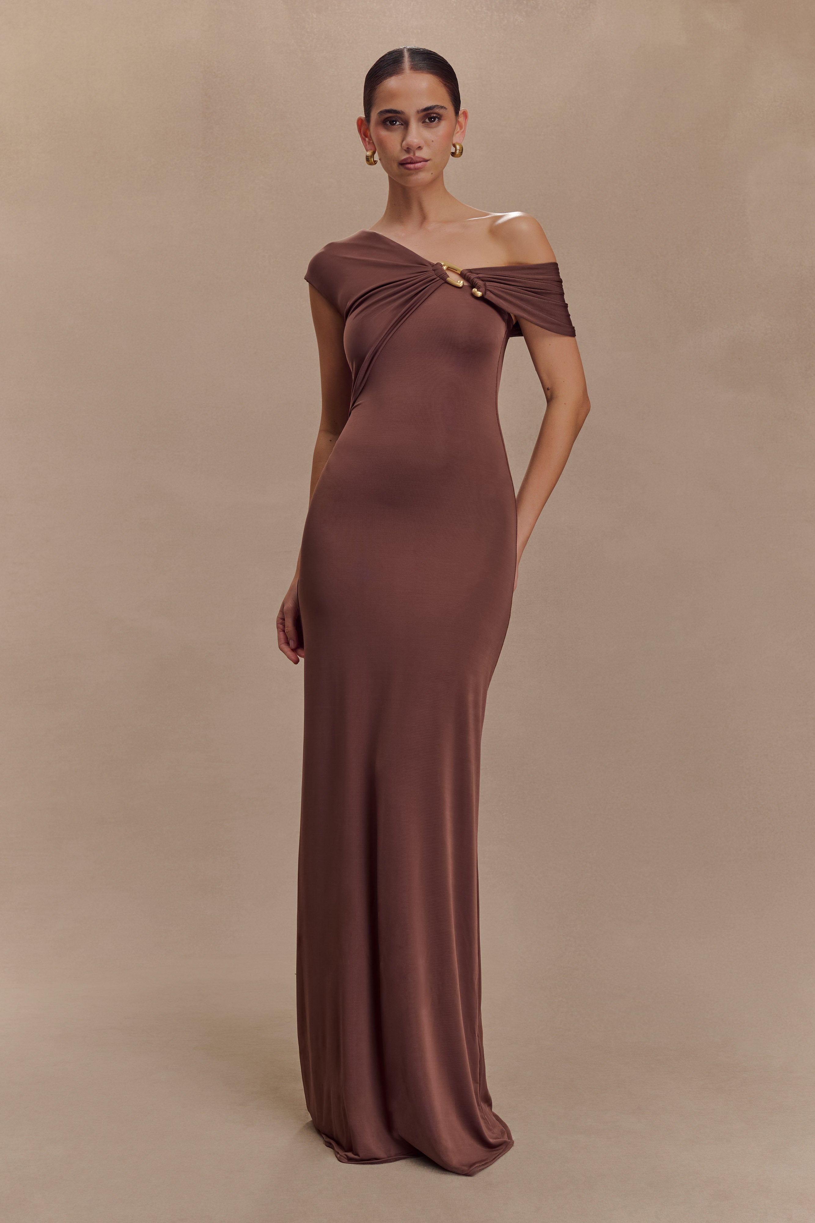 Ashford Asymmetrical Slinky Maxi Dress - Chocolate、mySite、solidvoid