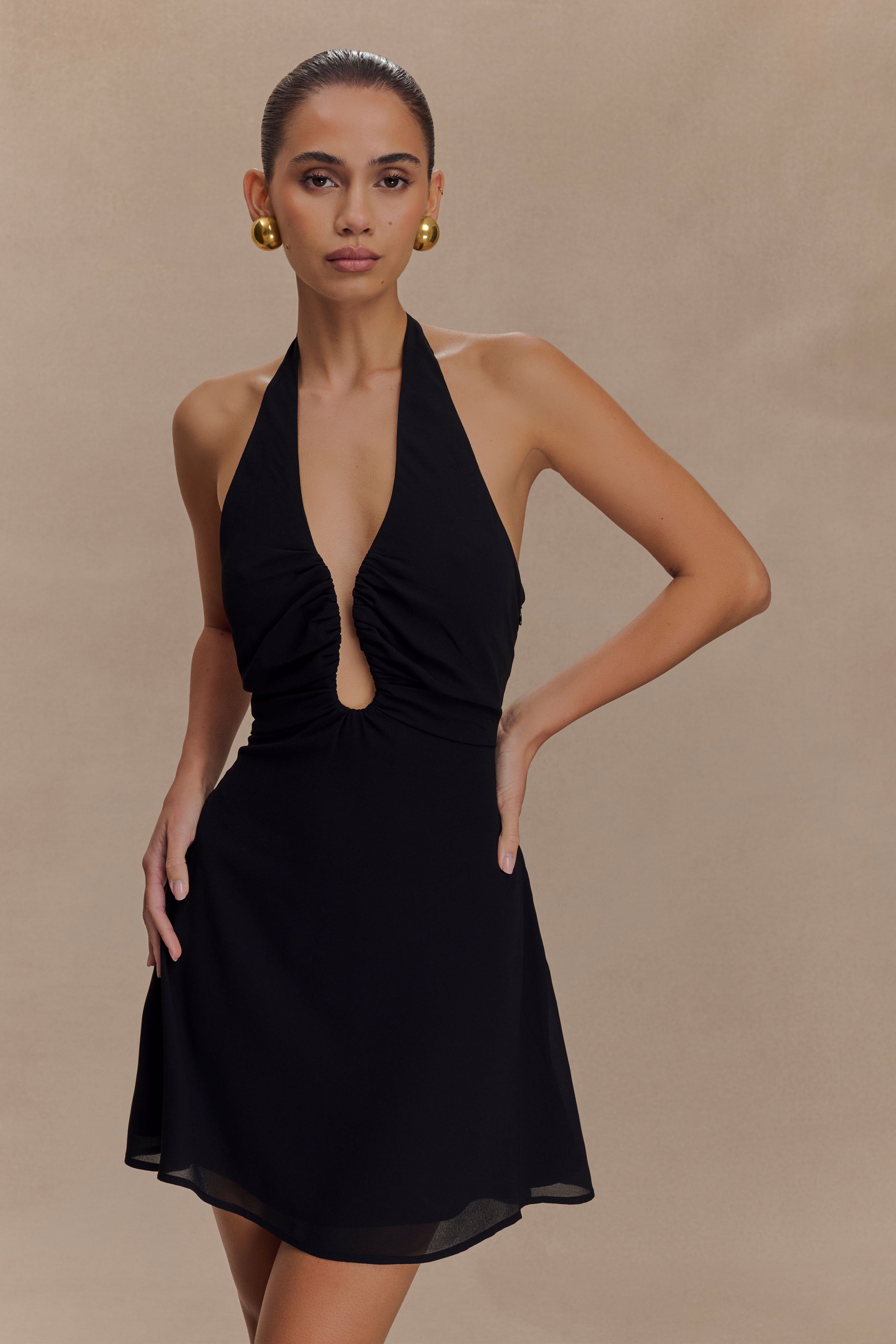 Malakhai Chiffon Halter Mini Dress - Black、mySite、solidvoid