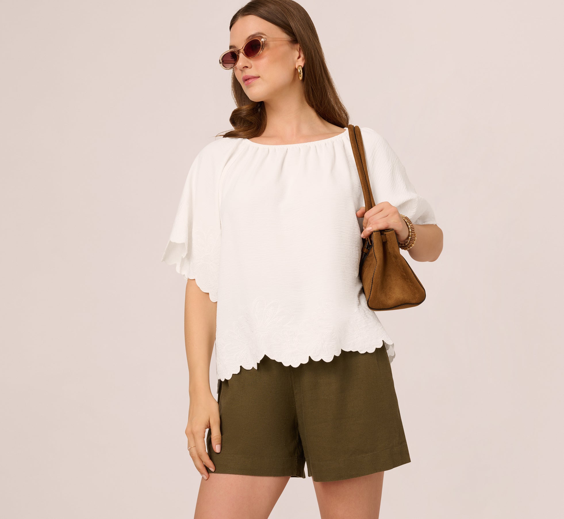 Boat Neck Short Sleeve Scallop Edge Top In Ivory、mySite、solidvoid