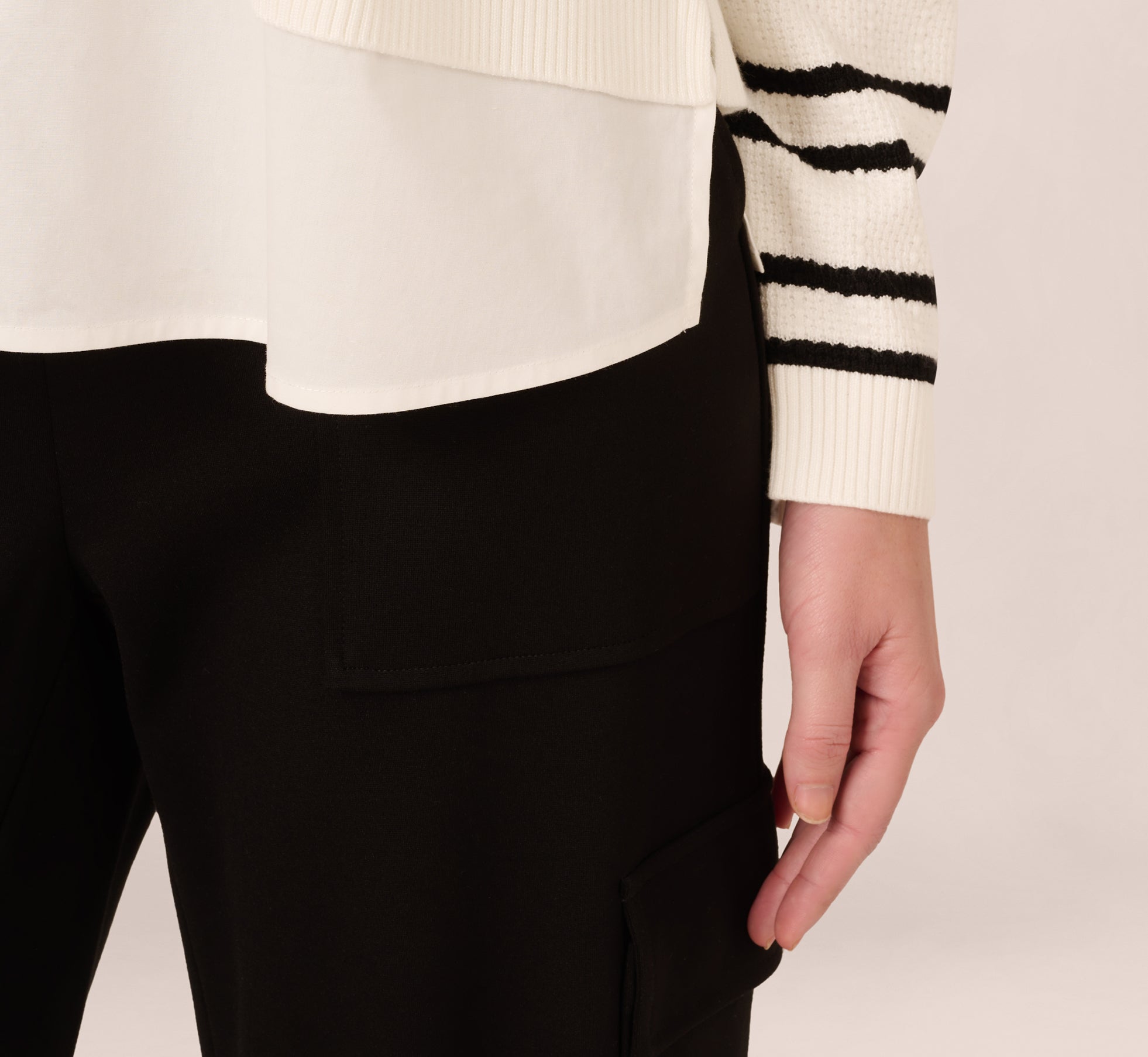 Long Sleeve Stripe Collared Twofer Sweater In Ivory Black W Ivory、mySite、solidvoid