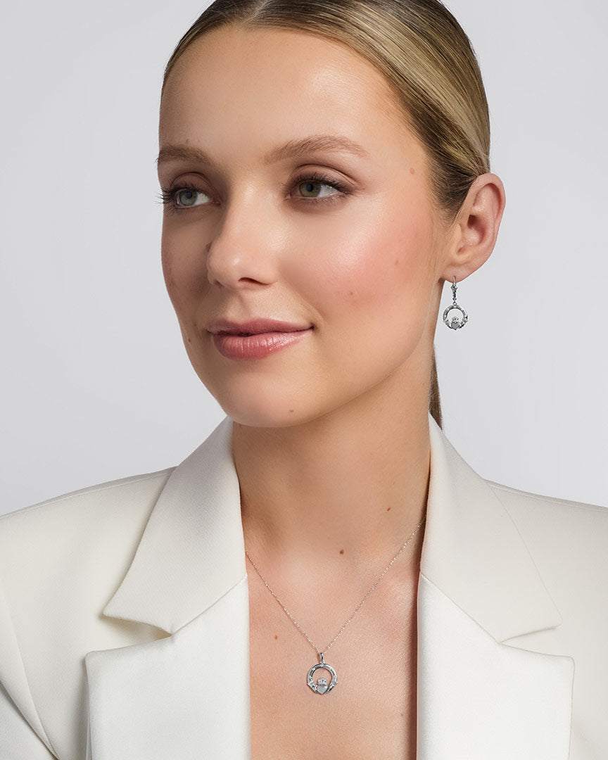  White Gold Flush Set Diamond Claddagh Drop Earrings