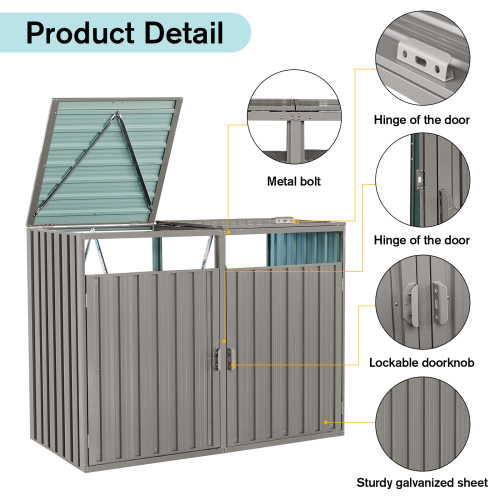 Garbage Bin Shed Stores 3 Trash Cans Metal Outdoor Bin Shed for Garbage Storage,Stainless Galvanized Steel, Bin Shed for Garden Yard Lawn,Grey、、eastwooduniform