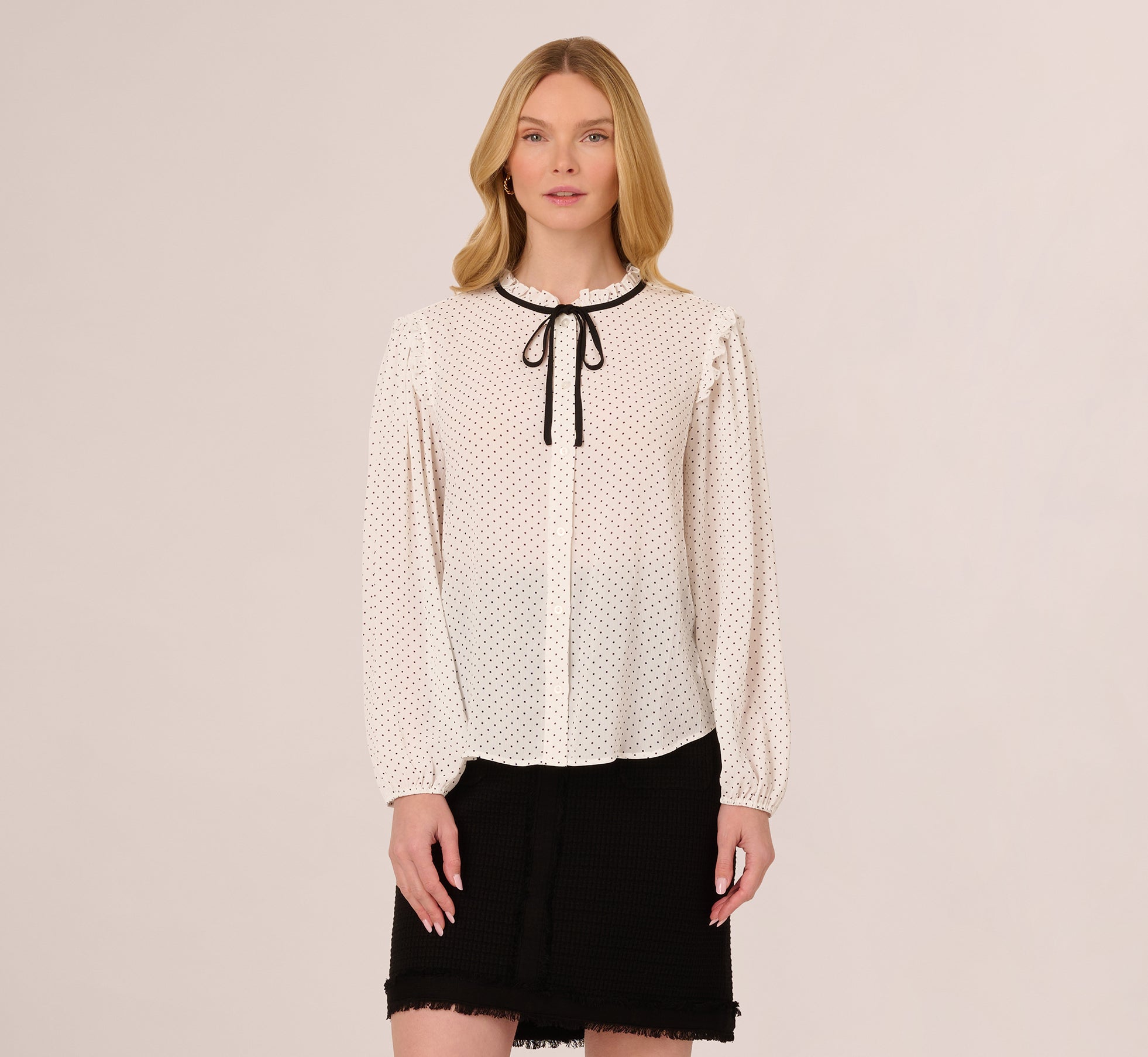 Bishop Sleeve Polka Dot Tie Neck Blouse In Ivory Miniature Dot、mySite、solidvoid