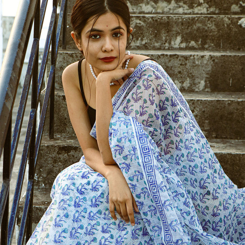 Kota Doria Saree | Handblocked Printed Saree | Blue & White、mySite、camillekostekn