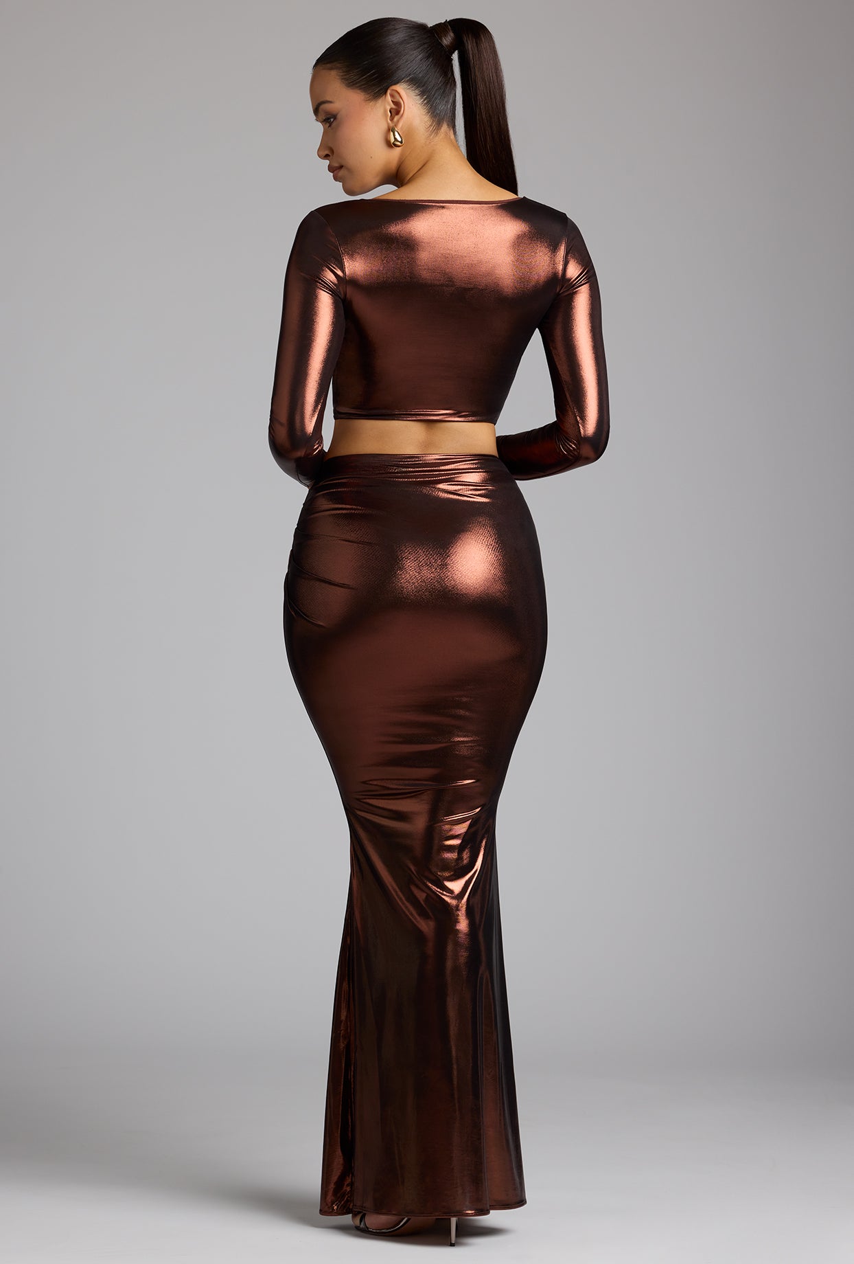 Mid Rise Metallic Jersey Gown Skirt in Copper Bronze、mySite、solidvoid