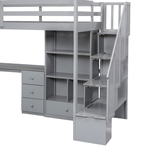 Twin Size Loft Bed with L-Shaped Desk and Drawers, Cabinet and Storage Staircase, White、、casual