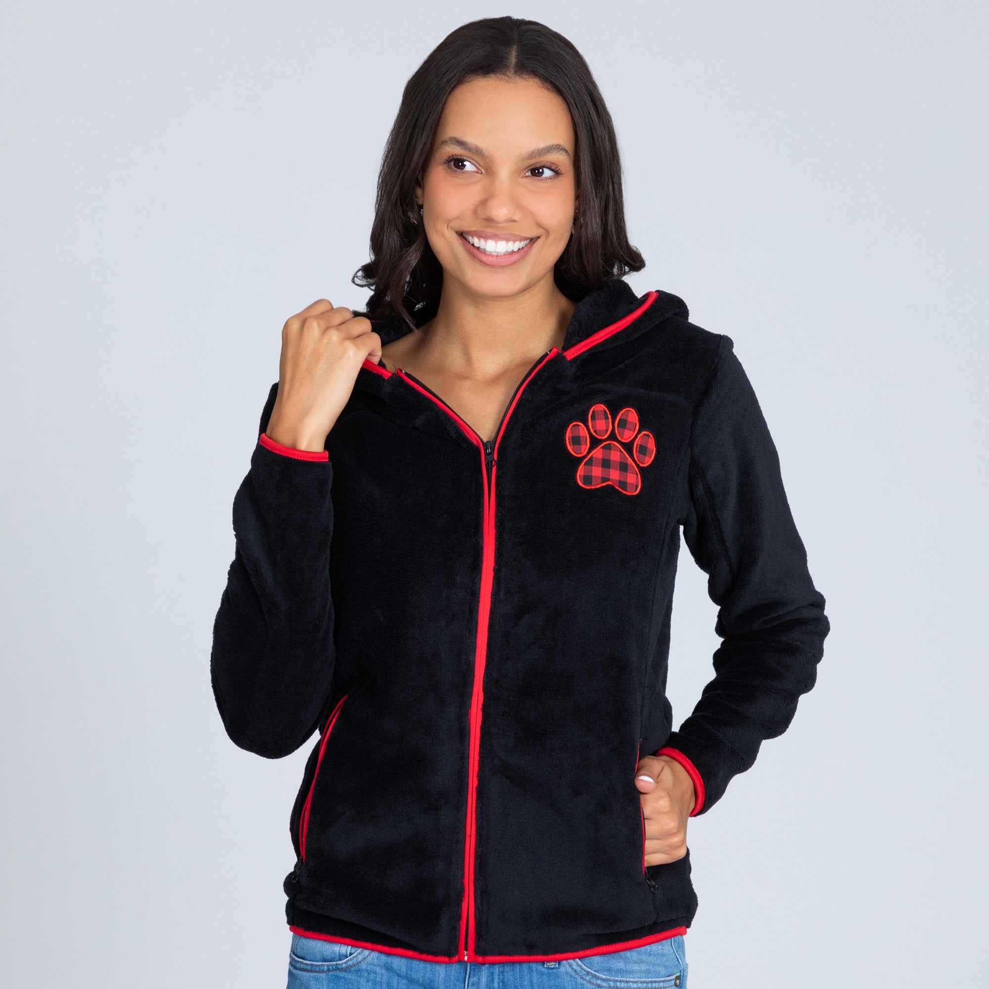 Buffalo Check Paw Print Plush Sherpa Hooded Jacket、mySite、camillekostekn