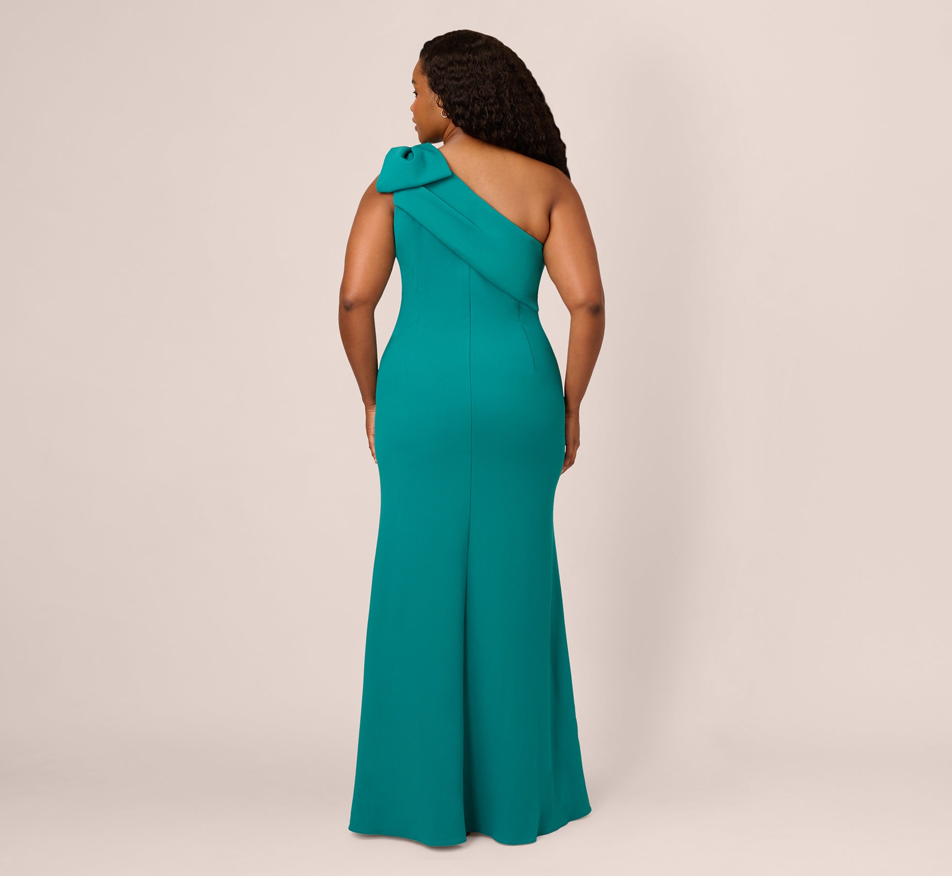 Plus Size Stretch Crepe One Shoulder Mermaid Gown With Bow Accent In Tempo Teal、mySite、solidvoid