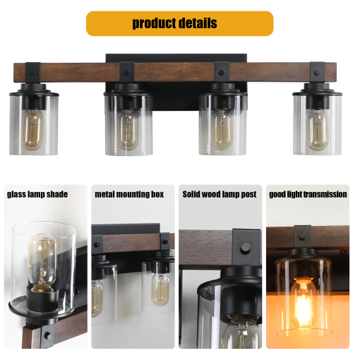 50" Rustic 7-Light Vanity Light, Industrial Bathroom Wall Sconce with Glass Shades and Wood Accent, Modern Farmhouse Lighting Fixture (No Bulbs)、、eastwooduniform