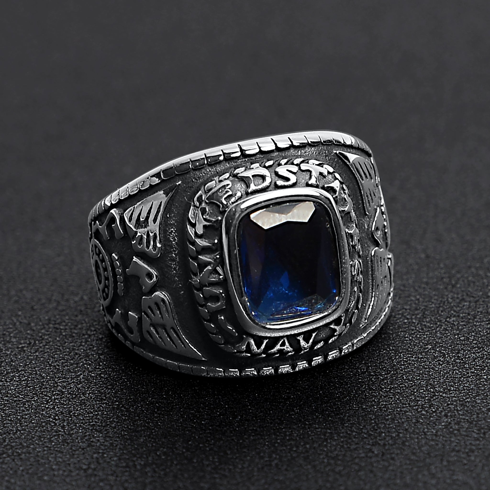 Stainless Steel United States Navy Military Men's Ring with Blue Stone / MCR3068、mySite、dreamappss