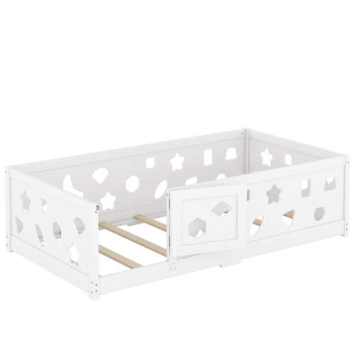 Twin Size Floor Bed with Heightened Safety Guardrails and Door, Solid Wood Bedframe with Rails for Girls, Boys, Teens, Child Bedroom, Kids Playroom, No Slats Included, White、、casual