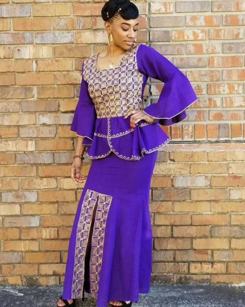 Purple African Top and Skirt with Gold Embroidery-DP3839TS、mySite、solidvoid