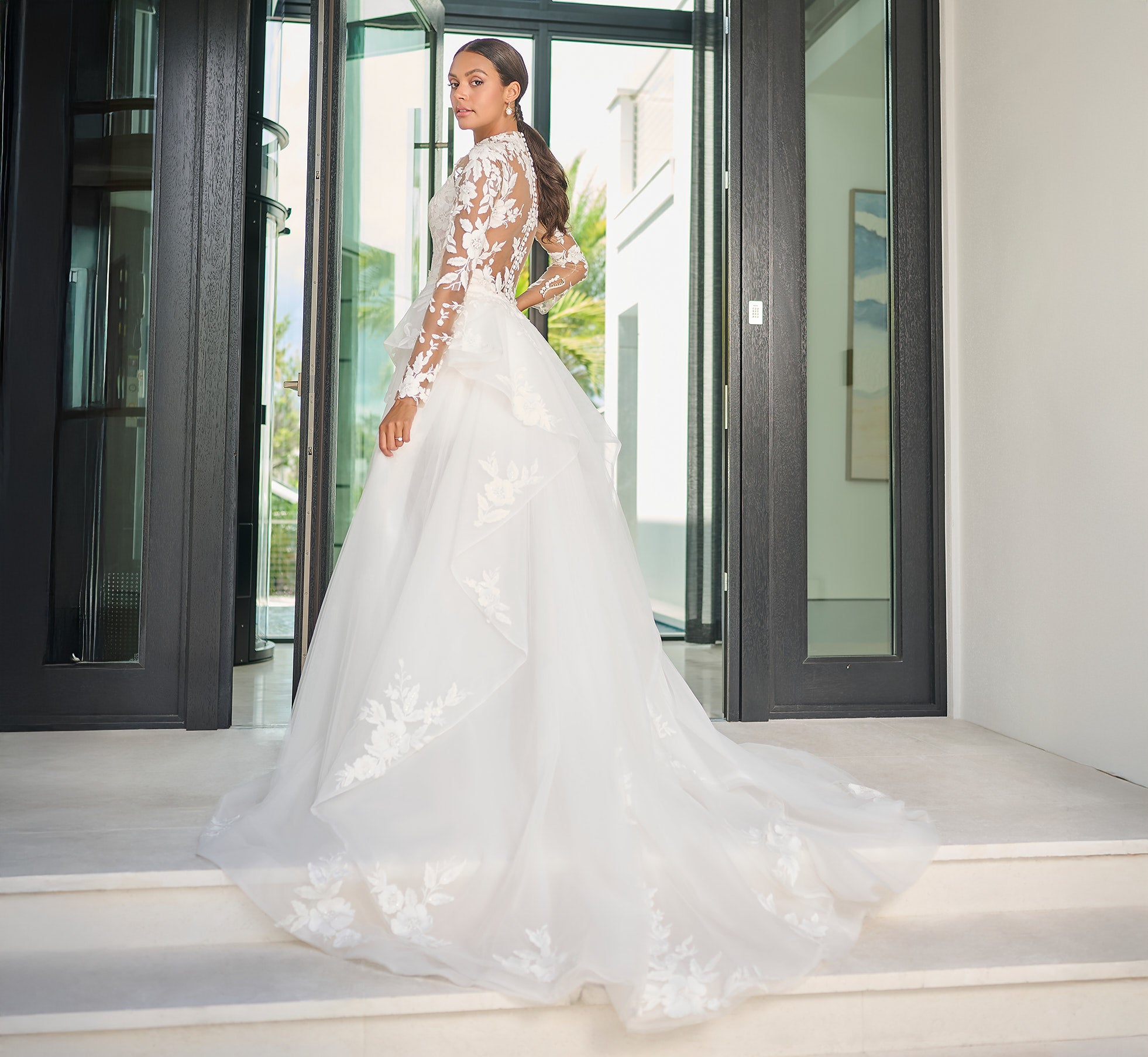 Chantilly Lace Short Dress with Detachable Tulle Overskirt in Ivory French Lilac Nude、mySite、solidvoid