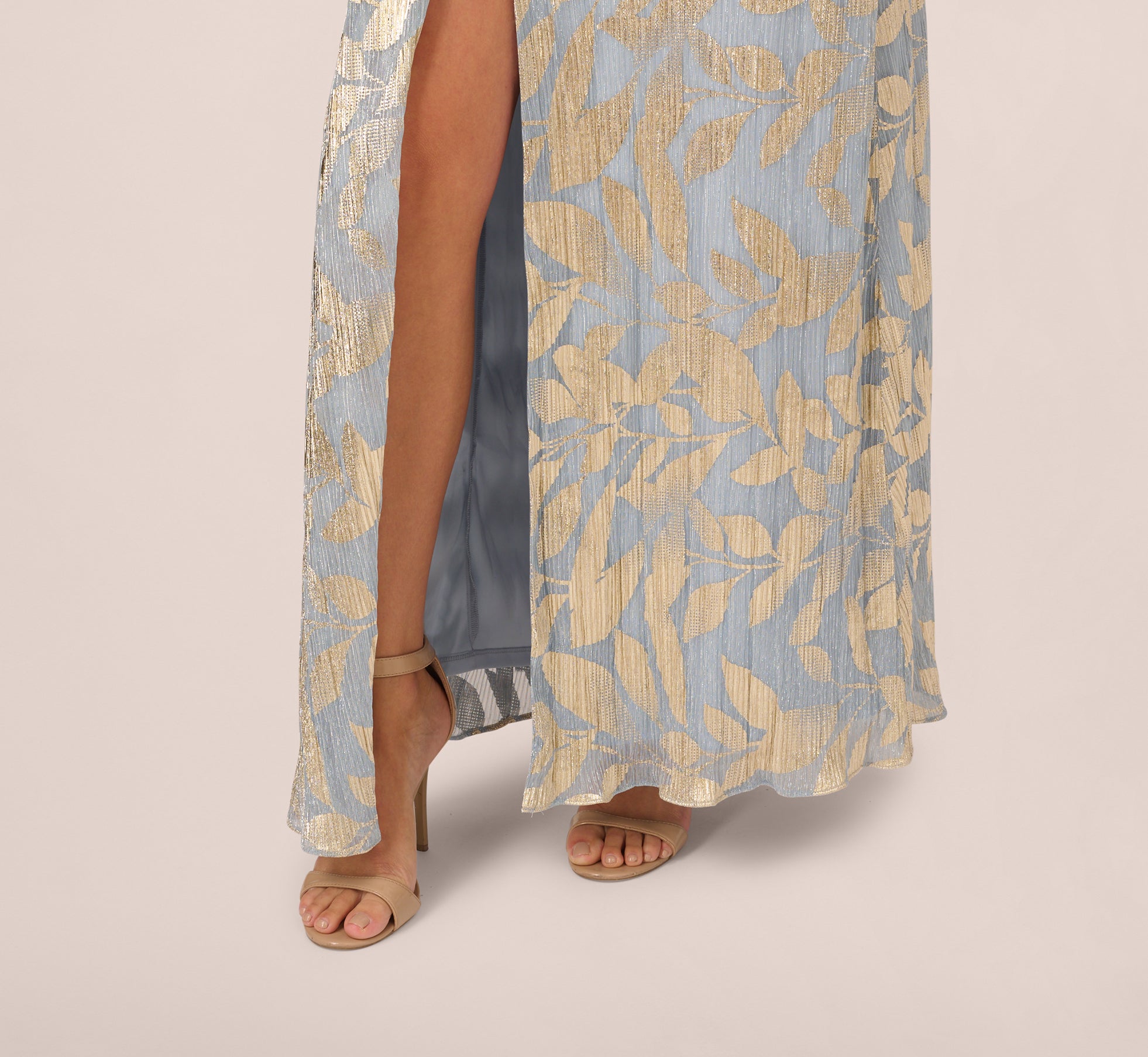 Foil Leaf Short Sleeve Gown With Draped Details In Light Blue Gold、mySite、solidvoid