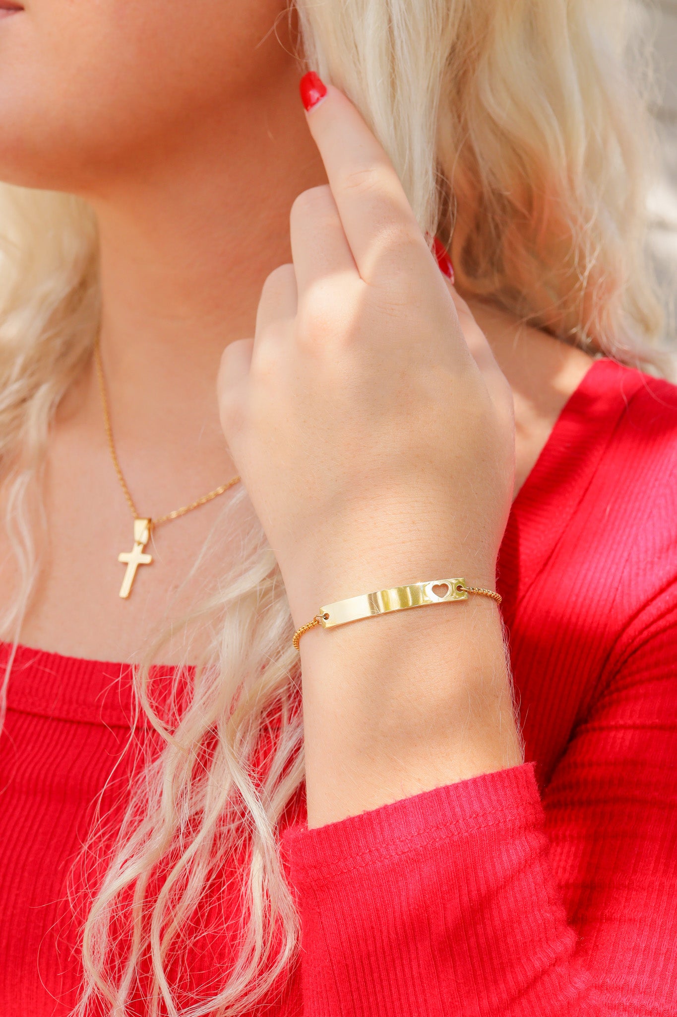 18K Gold PVD Stainless Steel Adjustable Curved Cutout Heart Blank Bar Bracelet / SBB0132、mySite、dreamappss