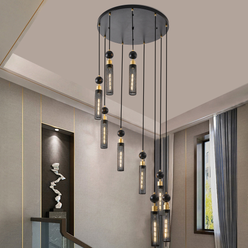 24" Modern Industrial Multi-Light Pendant Chandelier - 9-Light Black and Gold Adjustable Ceiling Light Fixture with Mesh Cylinder Shades for Living Room, Dining Room, or Staircase (Bulb Not Included)、、eastwooduniform