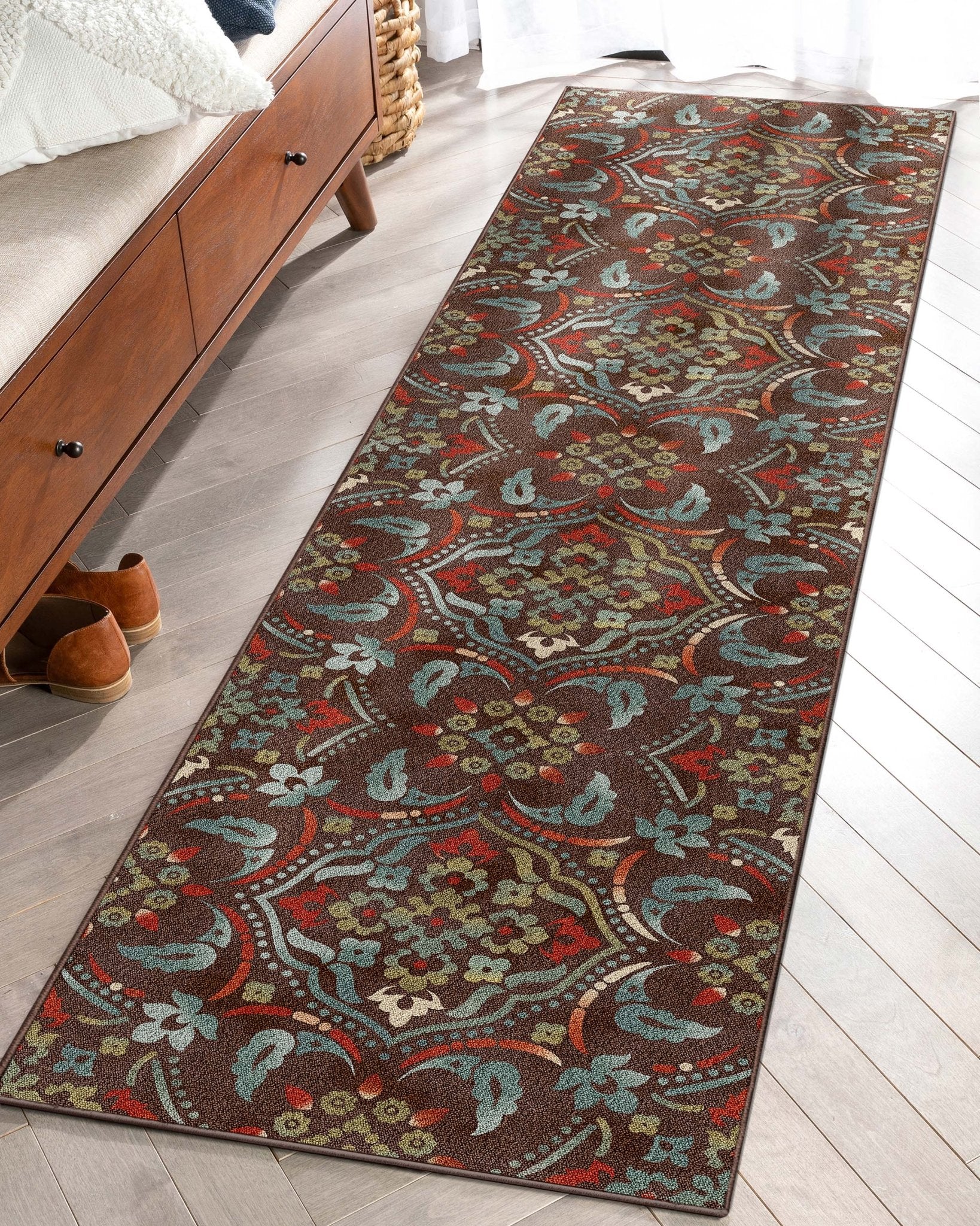 Florence Brown/Grey Floral Flat-Weave Cotton Backing Rug、mySite、gigharbornorthrealestate