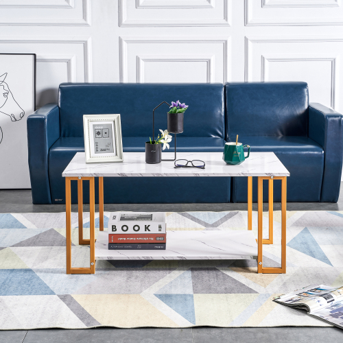 D&N Coffee Table, 2 Layers 1.5cm Thick Marble MDF Rectangle 39.37" L Tabletop Iron Coffee Table , Dining Room, Coffee Shop, Resterant, White Top, Black Leg、、casual