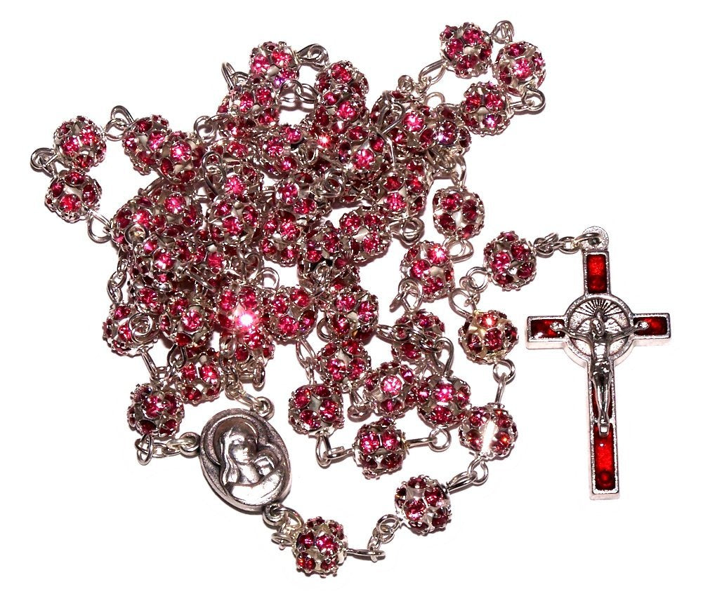 Multi Faceted Crystals Rosary - 8mm Crystal Rosary with Silver Tone Alpaca chain, Holy Land Soil and special Crucifix (Pink)、mySite、topwebapps