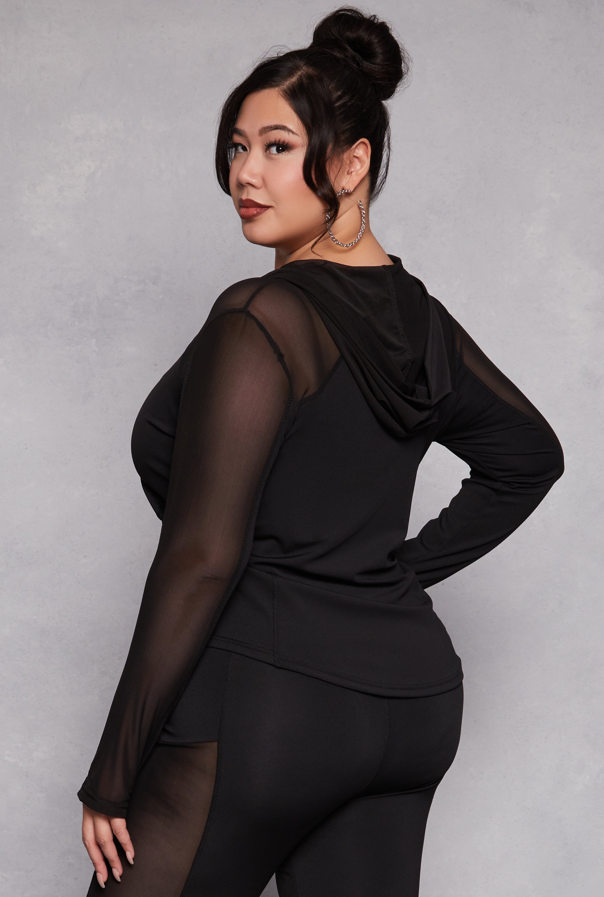 Plus Size Mesh Insert Hooded Active Top、mySite、camillekostekn