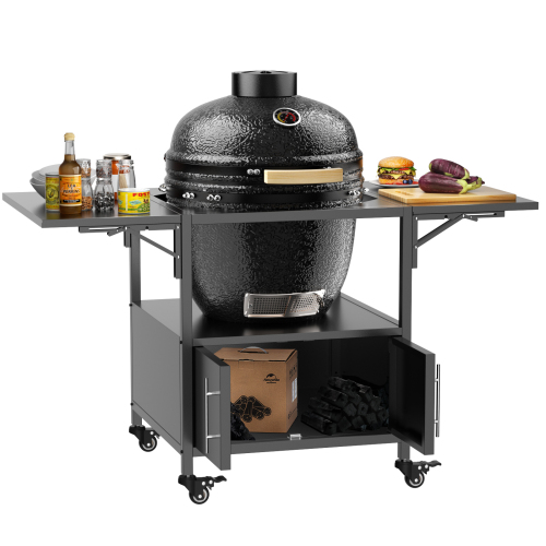 Outdoor Grill Table for Big Green Egg Style BBQ, Metal Grill Cart with 2 Folding Panels, Compatible with up to Large Green Egg, Kamado Joe Jr、、eastwooduniform